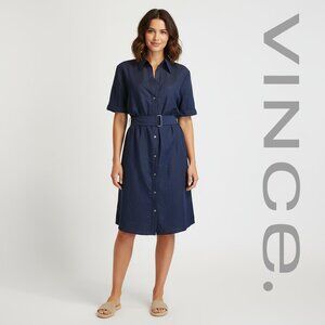 Vince Cuffed Short Sleeve Belted Shirt Dress NWT Navy Small- Missing Snap